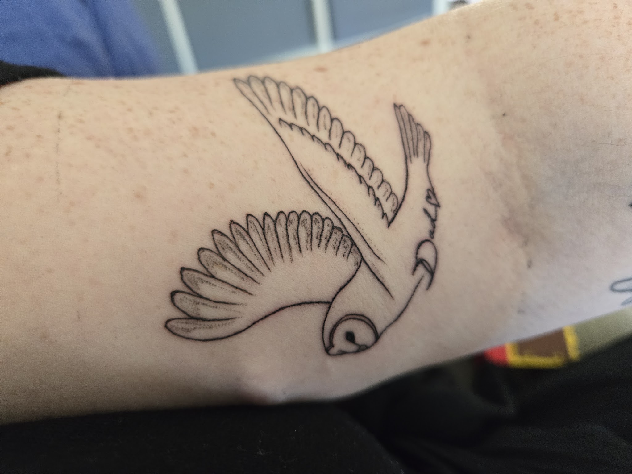 Fine line swallow tattoo on a wrist