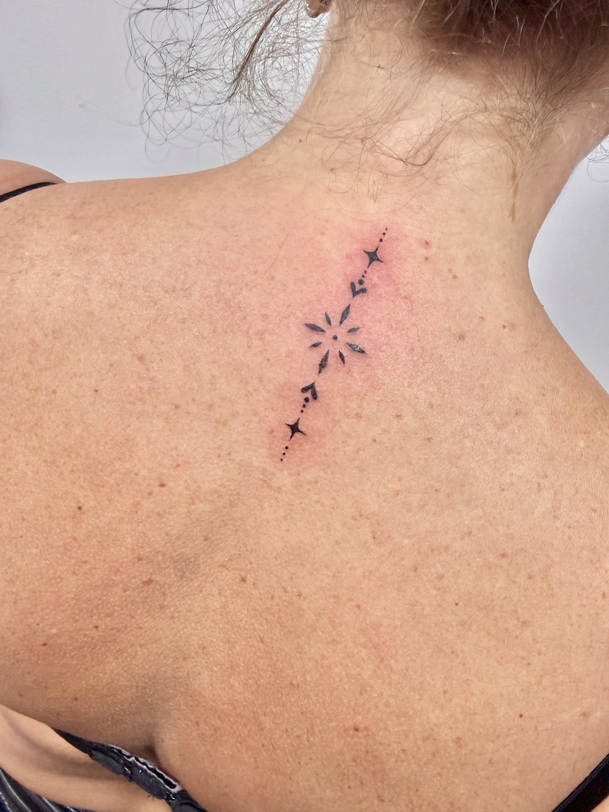 Fine line sparkle and star tattoo running down the upper back