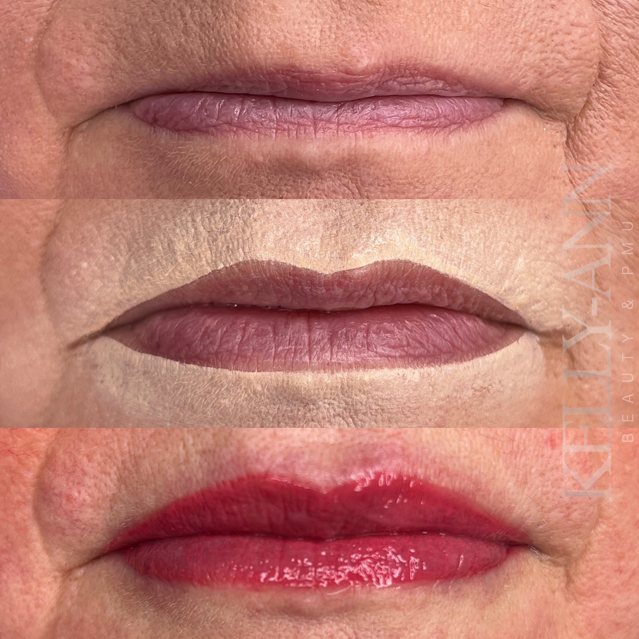 Lip blush in three stages, from natural lips to defined colour