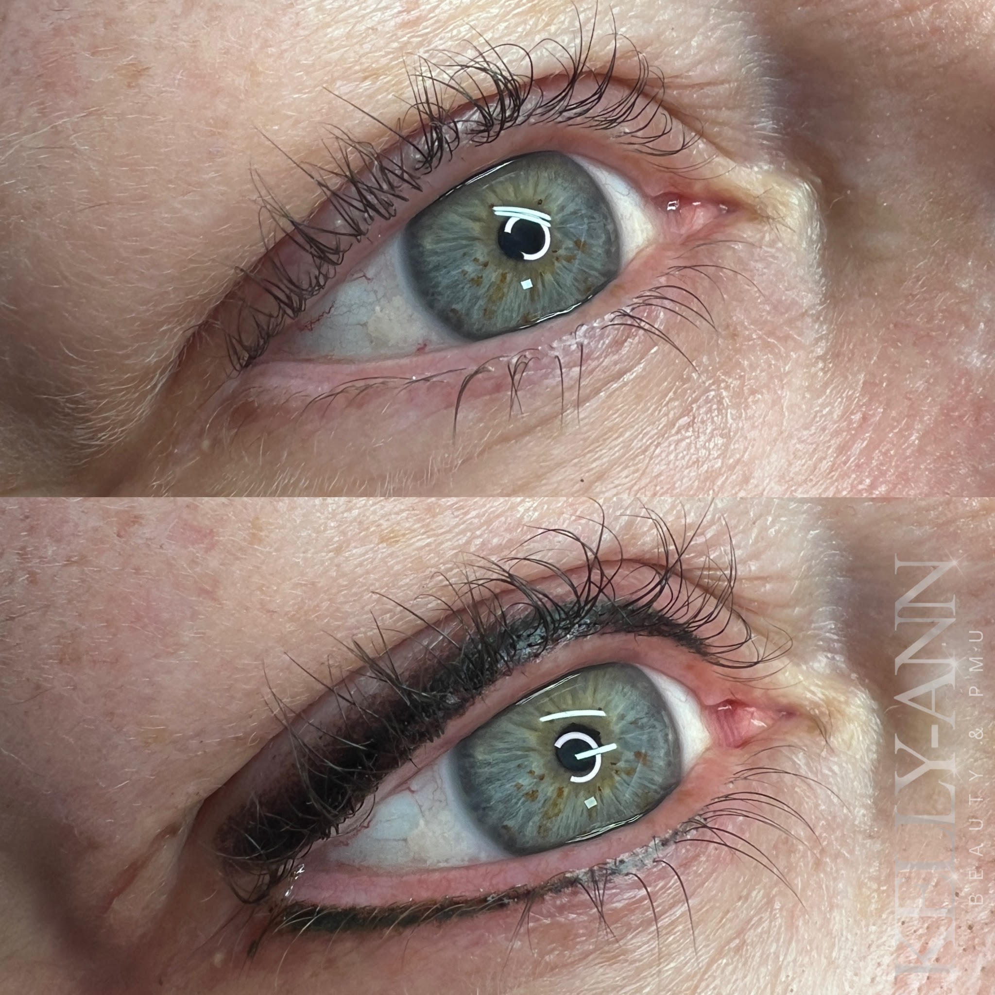 Lash line eyeliner before and after on green eyes